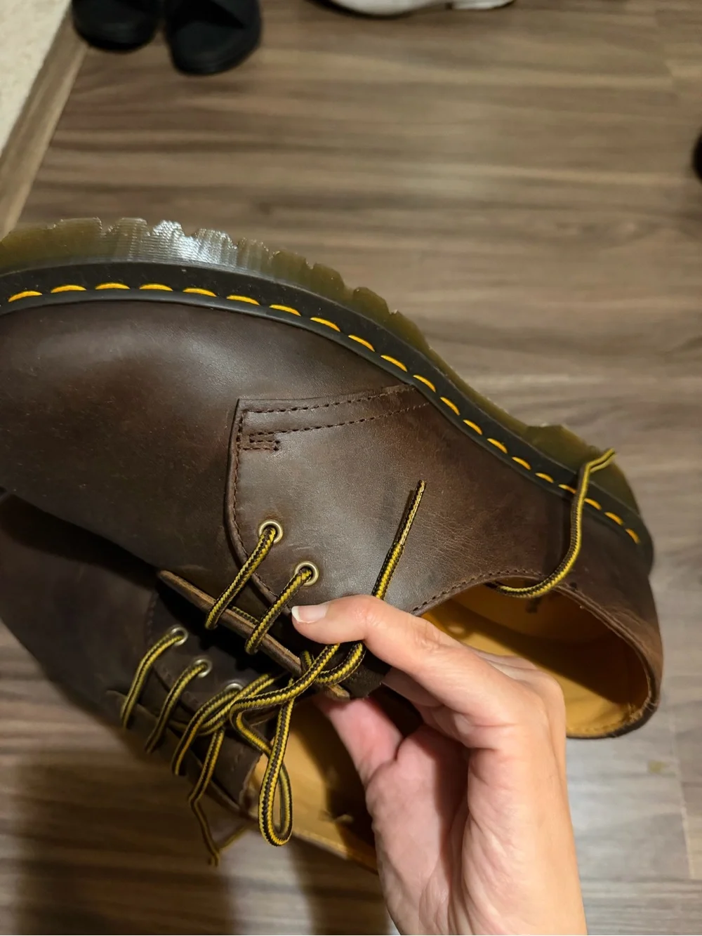 Dr. Martens Brown Leather Lace-Up Flats with Yellow Stitching